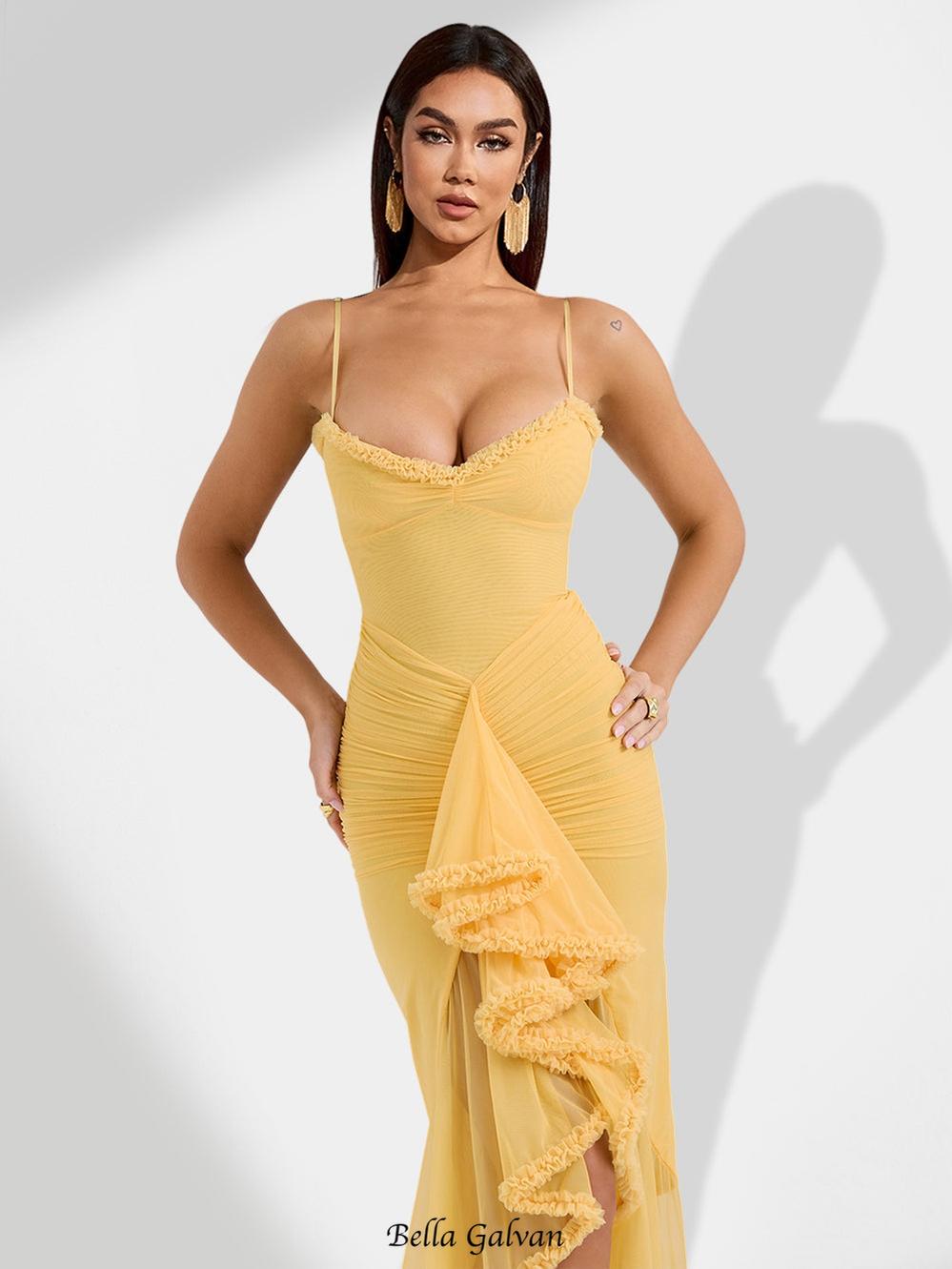 Claire Yellow Irregular Ruffle Breathable Maxi Dress Avalabel