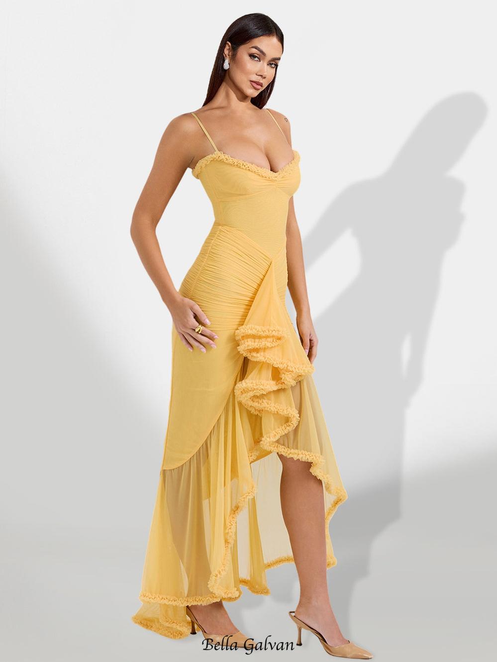 Claire Yellow Irregular Ruffle Breathable Maxi Dress Avalabel