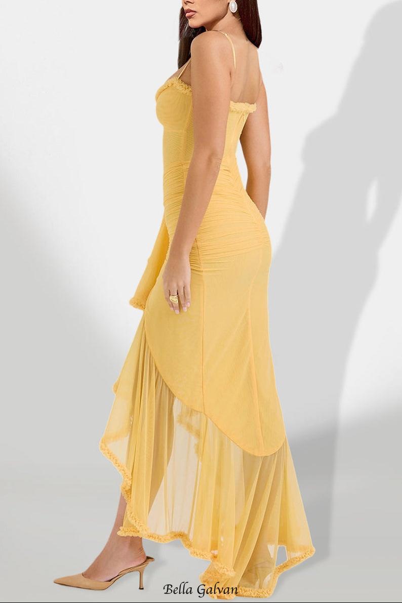 Claire Yellow Irregular Ruffle Breathable Maxi Dress Avalabel