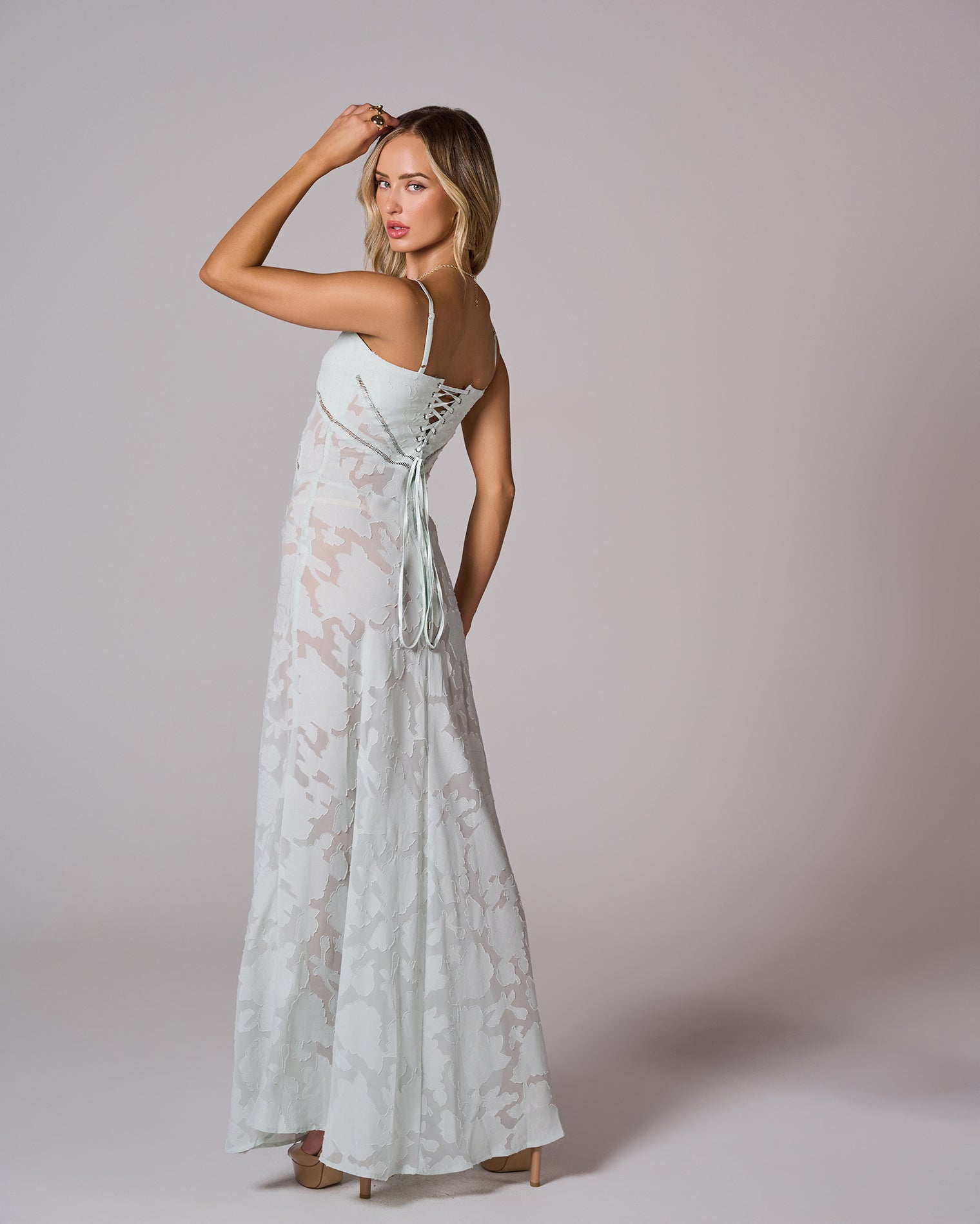 Floral Lace Back Maxi Dress -White Avalabel