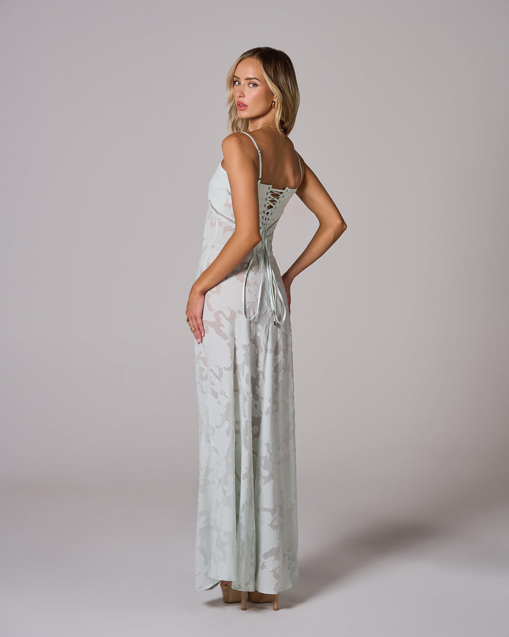 Floral Lace Back Maxi Dress -White Avalabel