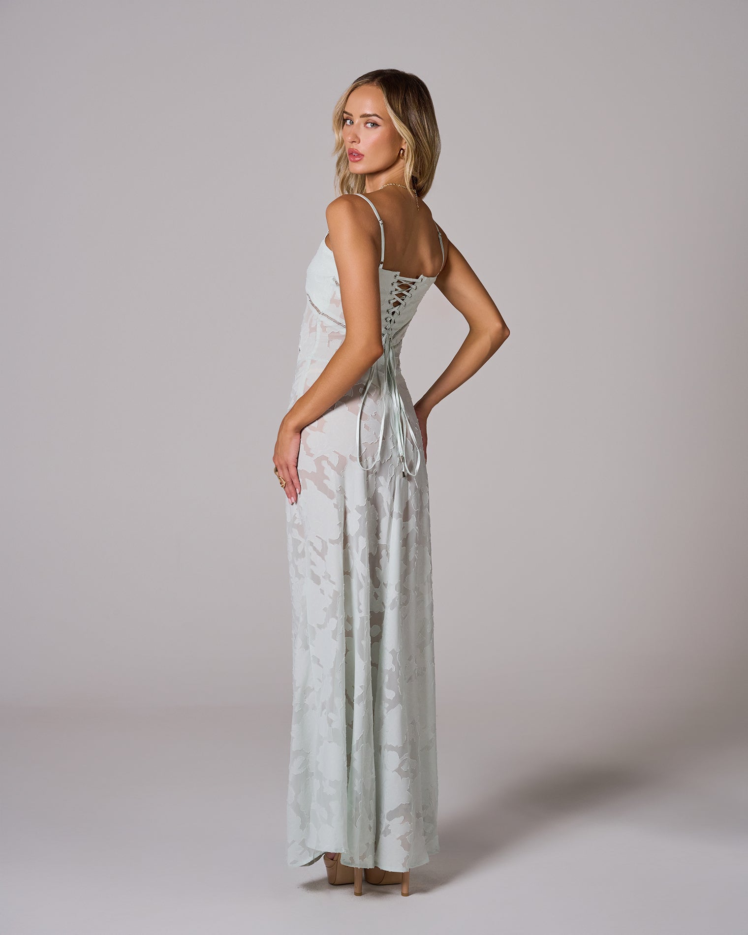 Floral Lace Back Maxi Dress -White Avalabel