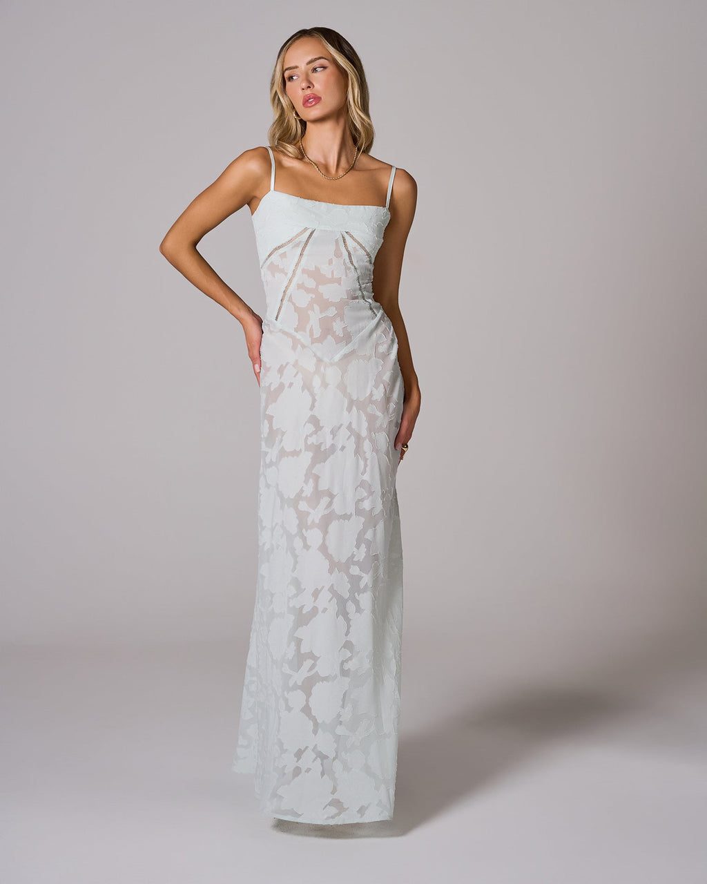 Floral Lace Back Maxi Dress -White Avalabel