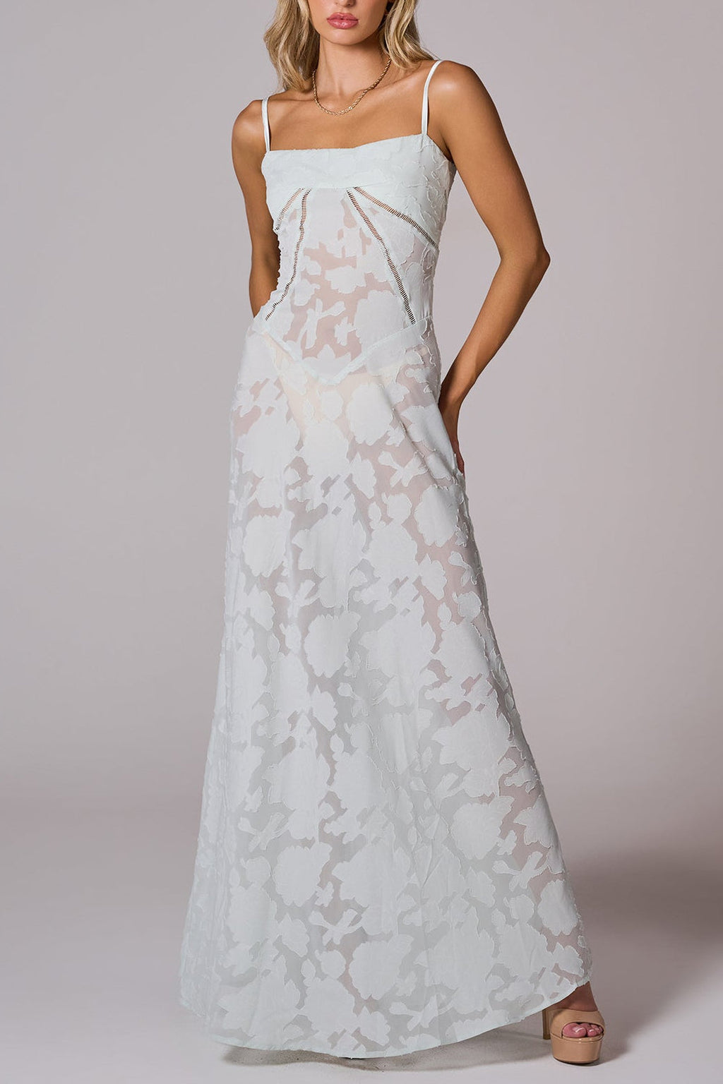 Floral Lace Back Maxi Dress -White Avalabel