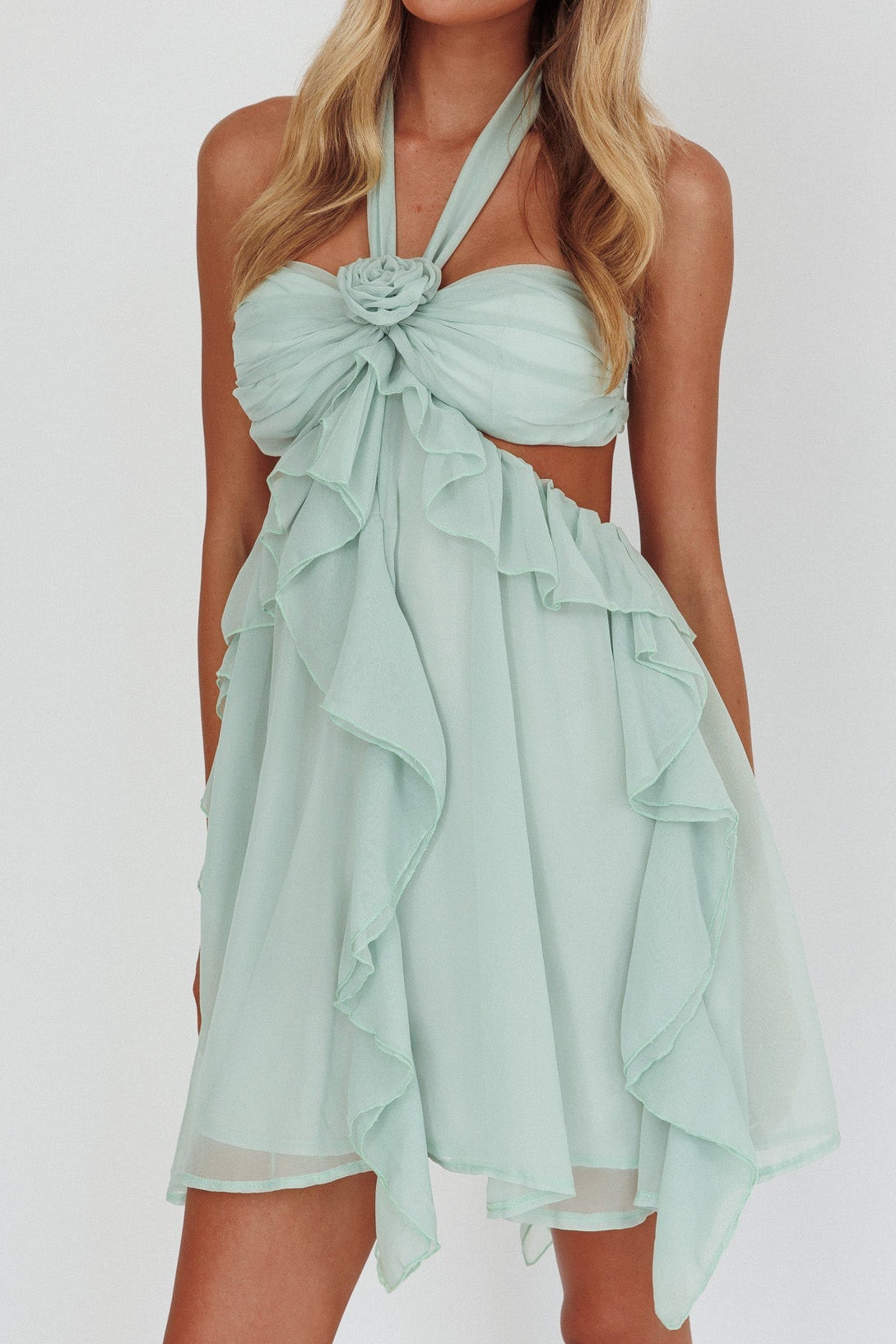 Mint Green Halter Ruffled Mini Dress Avalabel