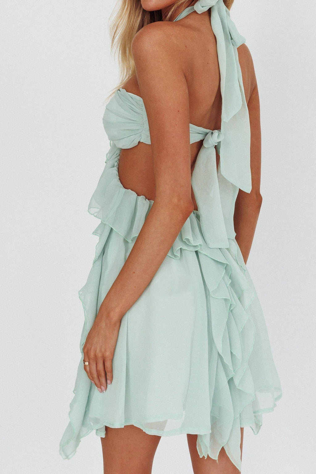 Mint Green Halter Ruffled Mini Dress Avalabel