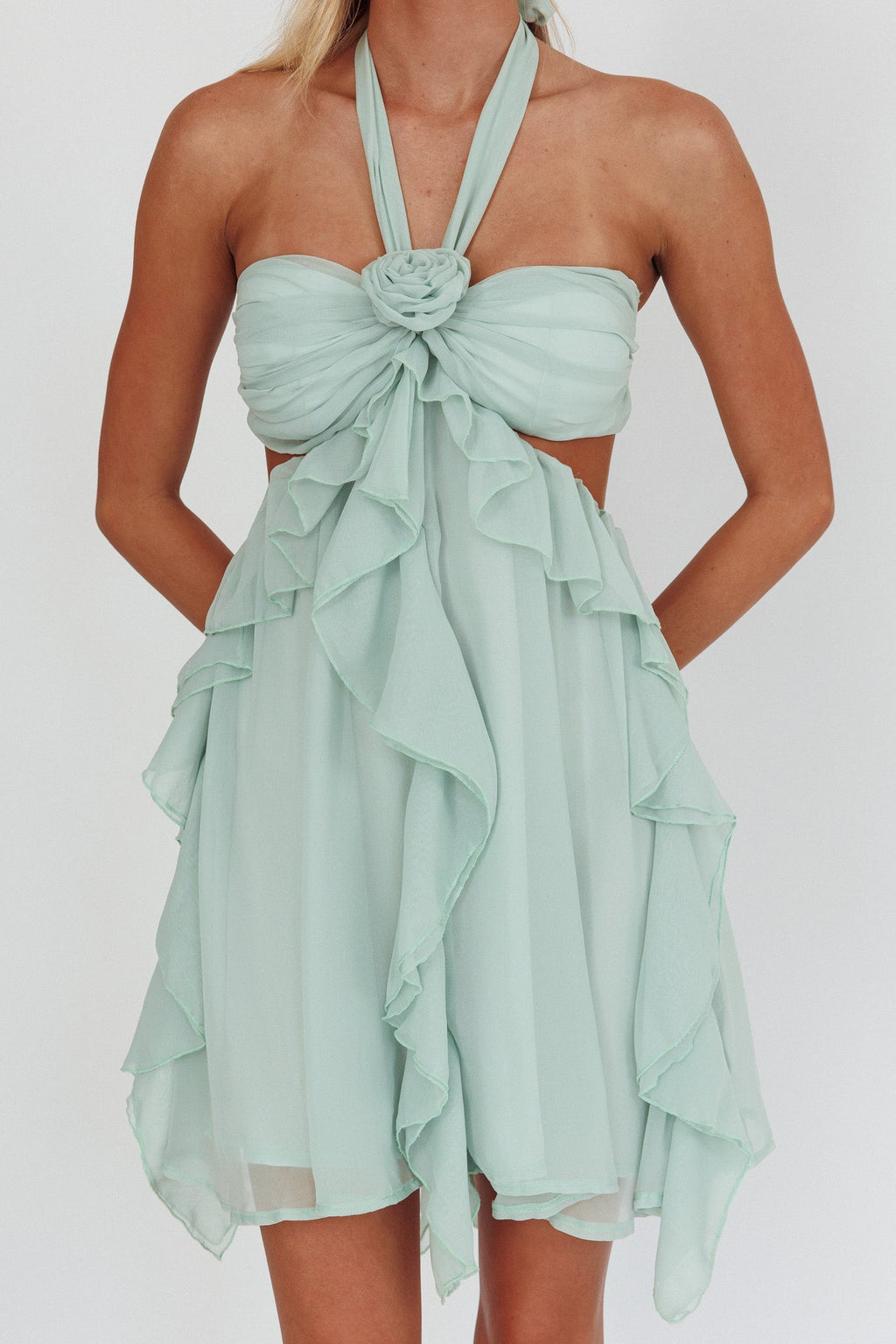 Mint Green Halter Ruffled Mini Dress Avalabel