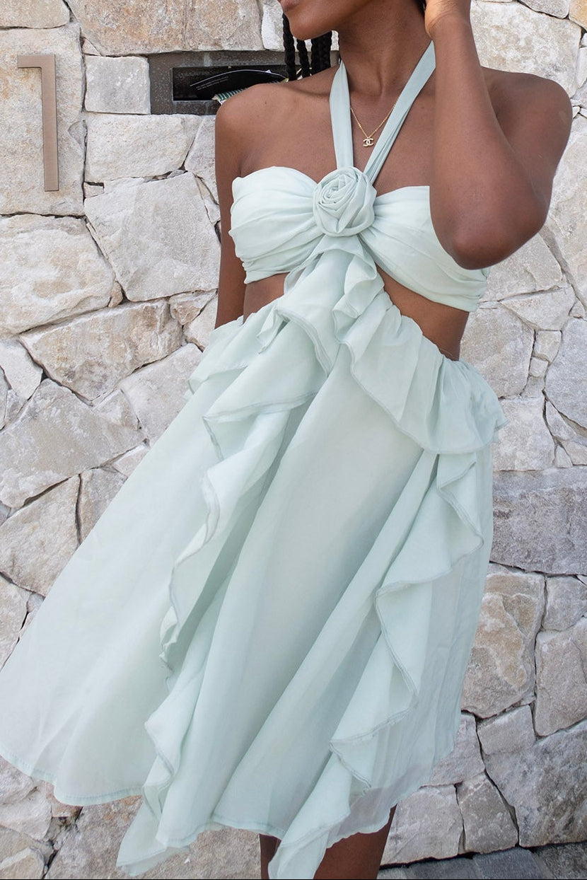 Mint Green Halter Ruffled Mini Dress Avalabel