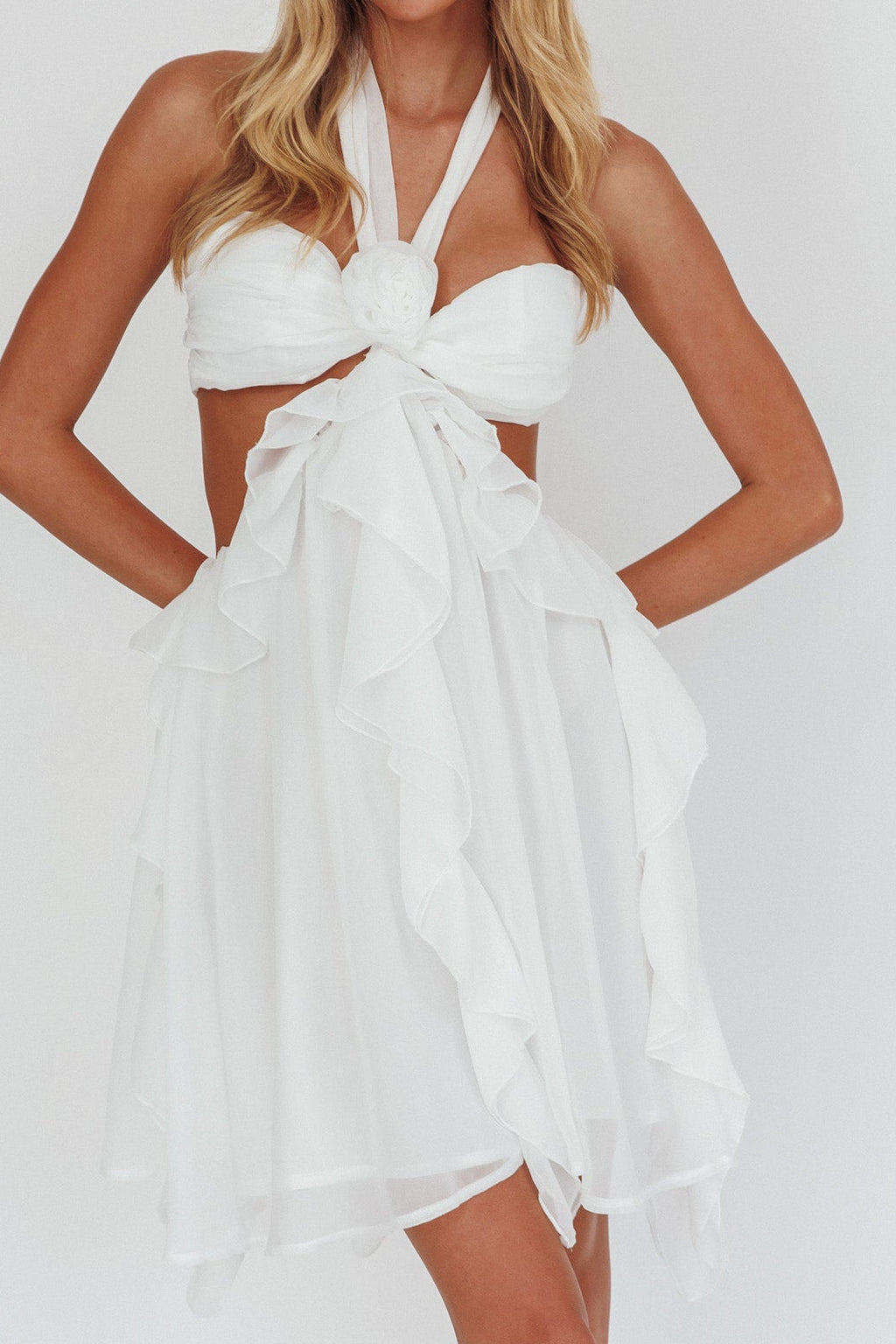 White Halter Ruffled Mini Dress Avalabel