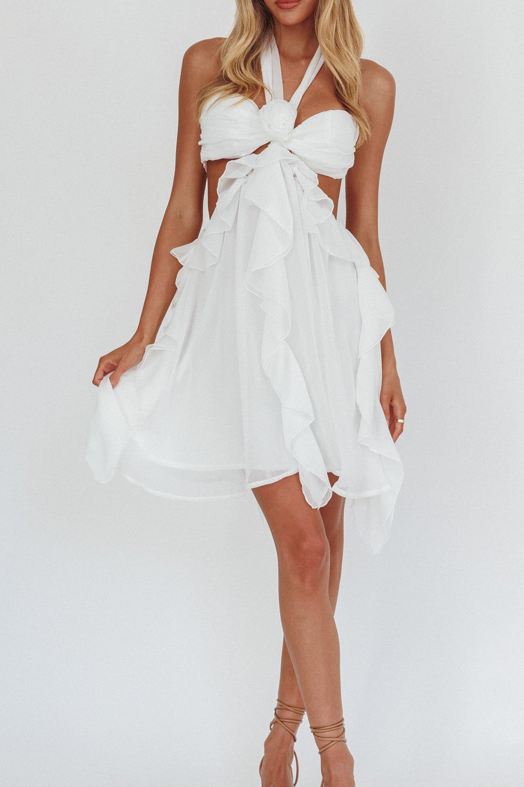 White Halter Ruffled Mini Dress Avalabel