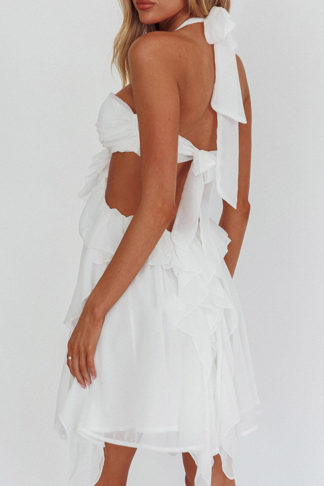 White Halter Ruffled Mini Dress Avalabel