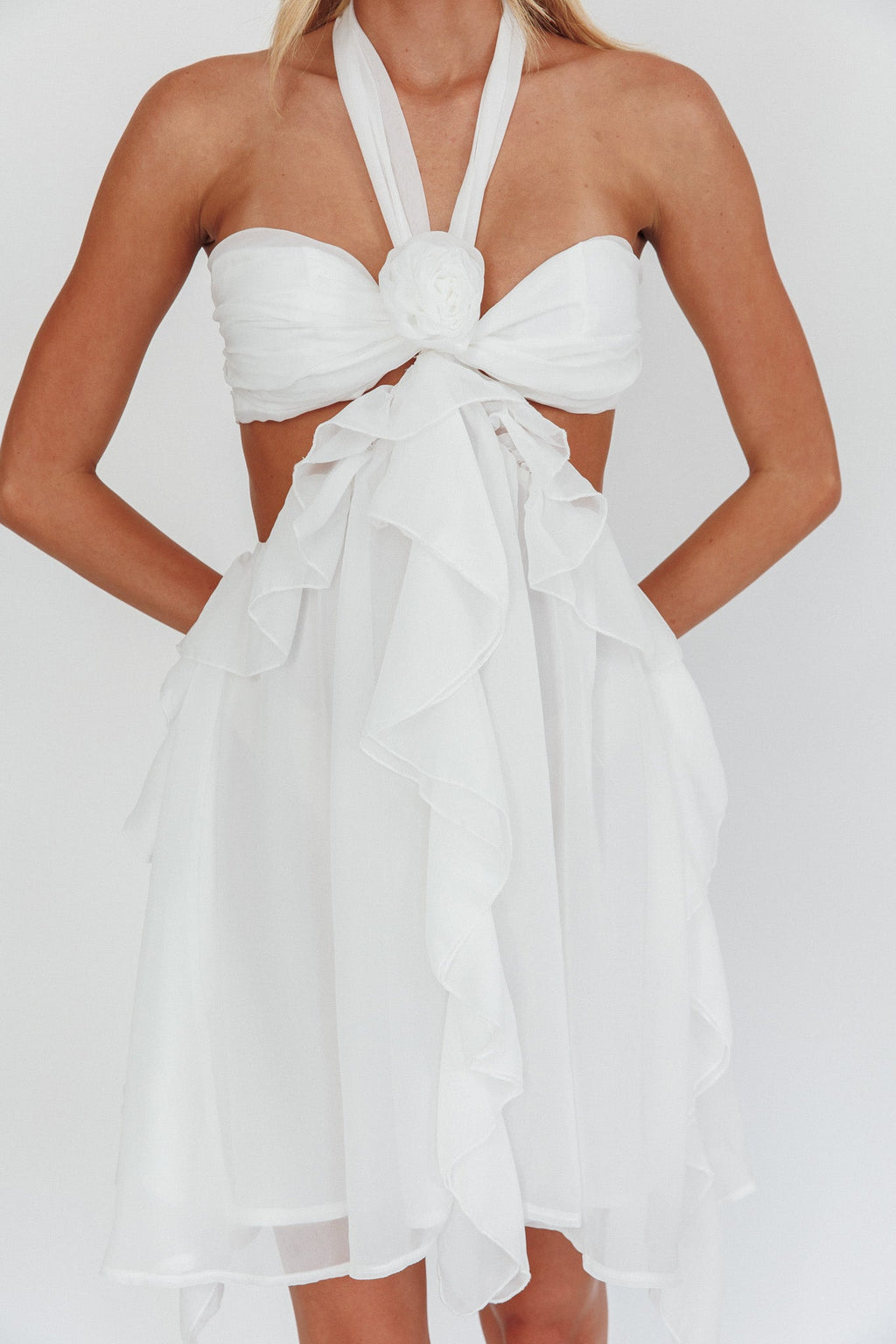 White Halter Ruffled Mini Dress Avalabel