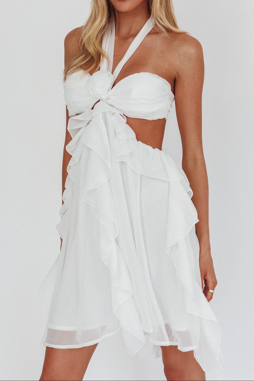 White Halter Ruffled Mini Dress Avalabel