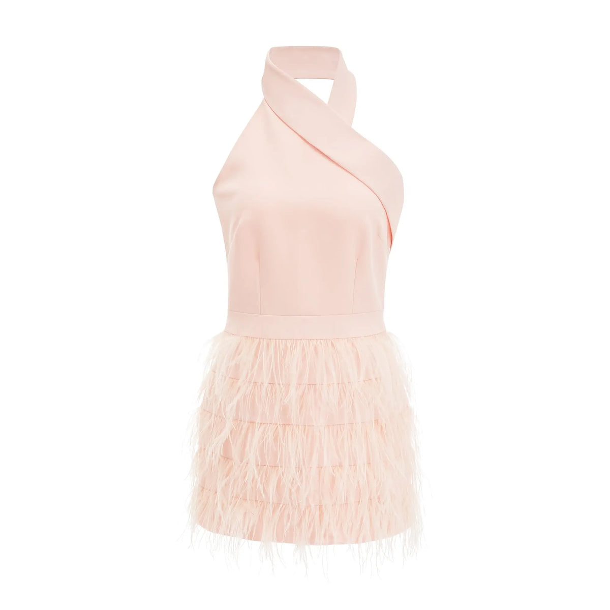 tara feather-detail tassel halter backless dress in pink Avalabel
