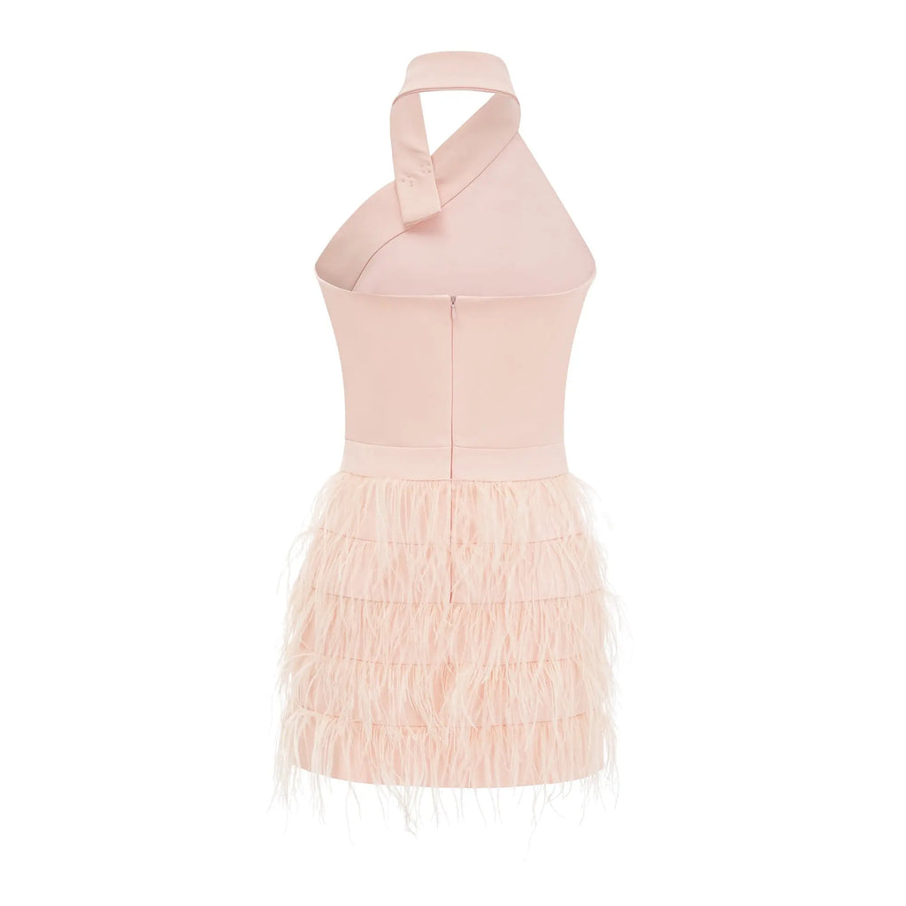 tara feather-detail tassel halter backless dress in pink Avalabel
