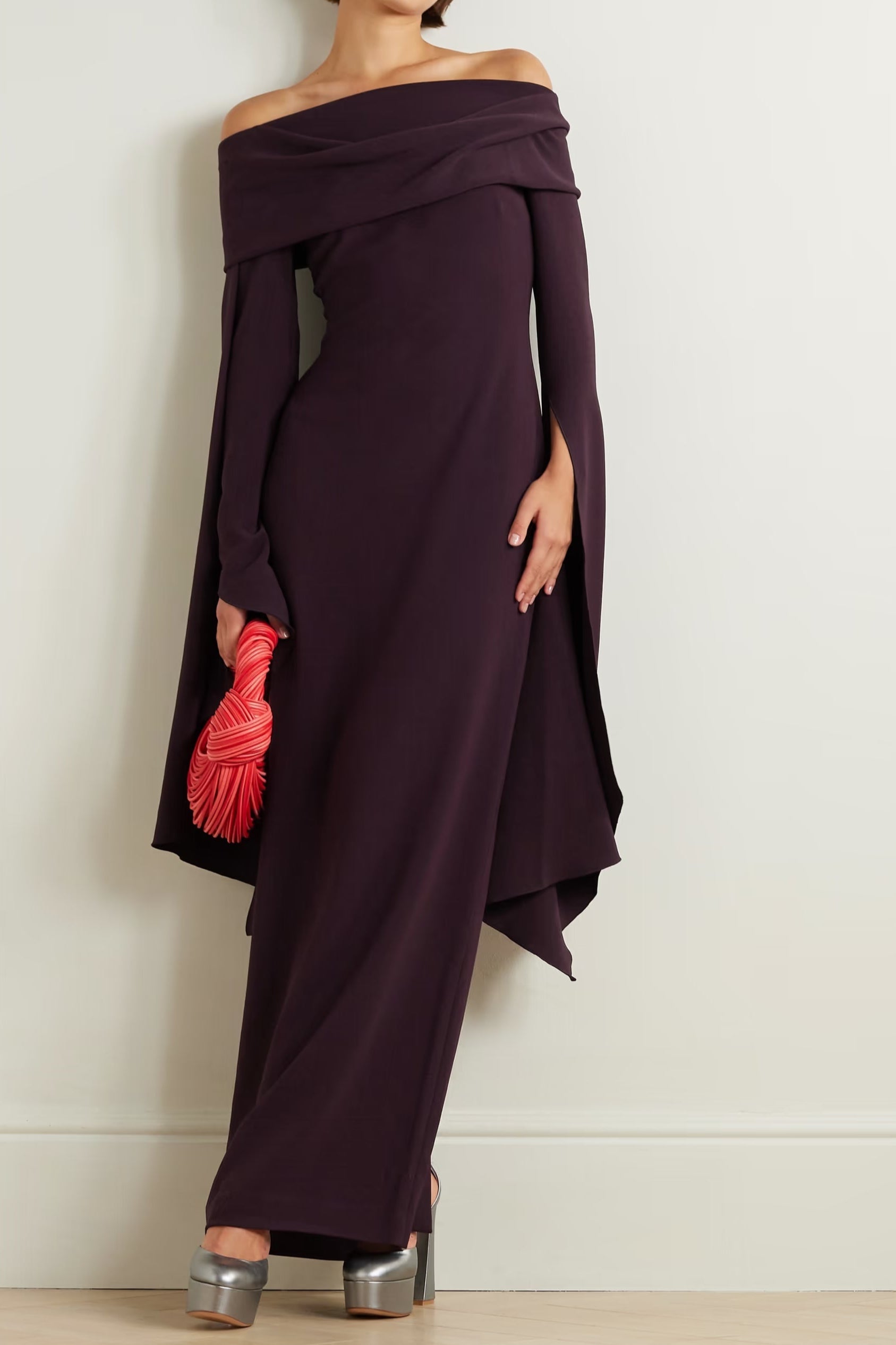 Draped Off-The-Shoulder Crepe Maxi Dress in Burgundy Avalabel