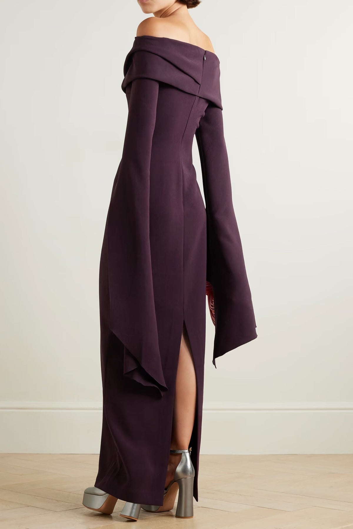 Draped Off-The-Shoulder Crepe Maxi Dress in Burgundy Avalabel