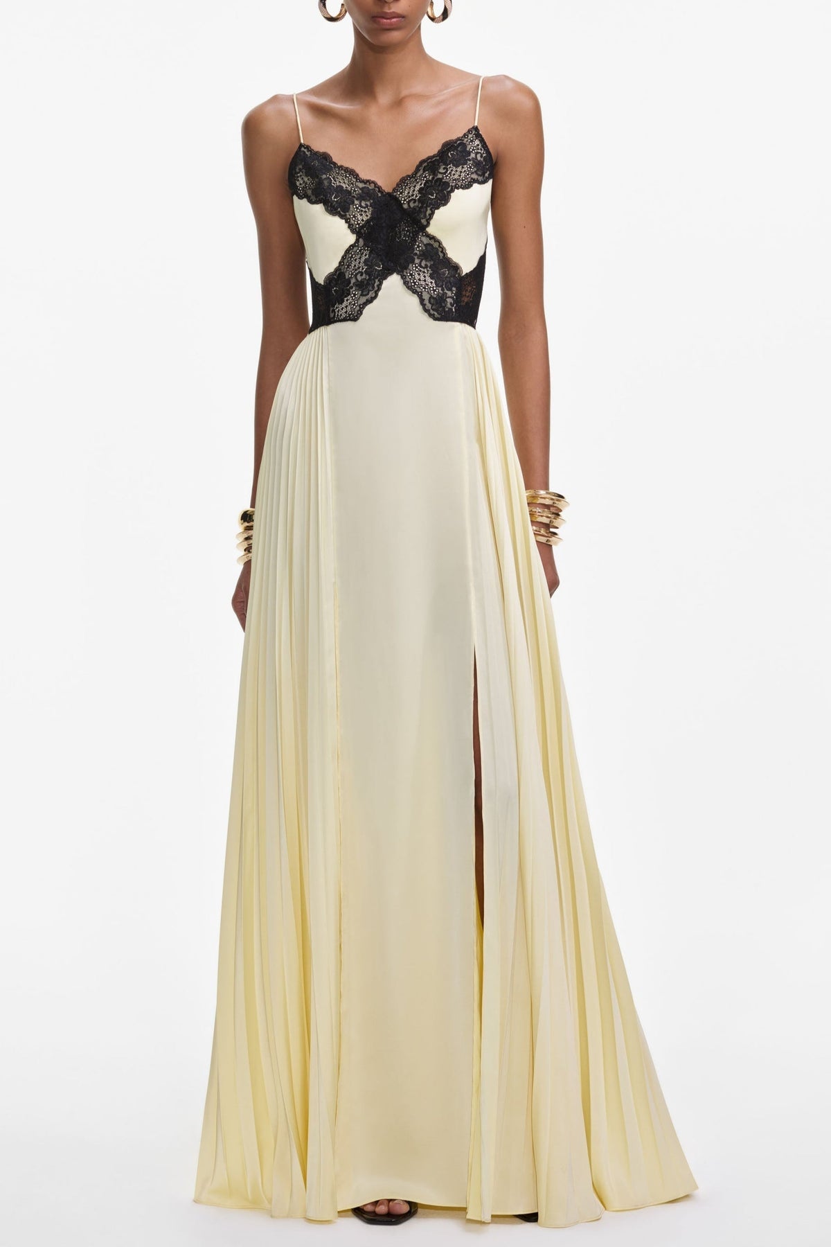 josephine Yellow Satin Lace Maxi Dress Avalabel