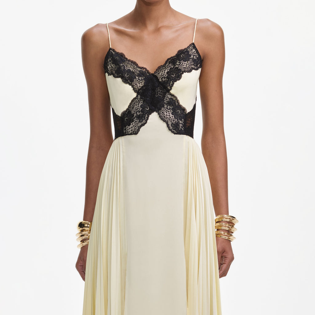 josephine Yellow Satin Lace Maxi Dress Avalabel