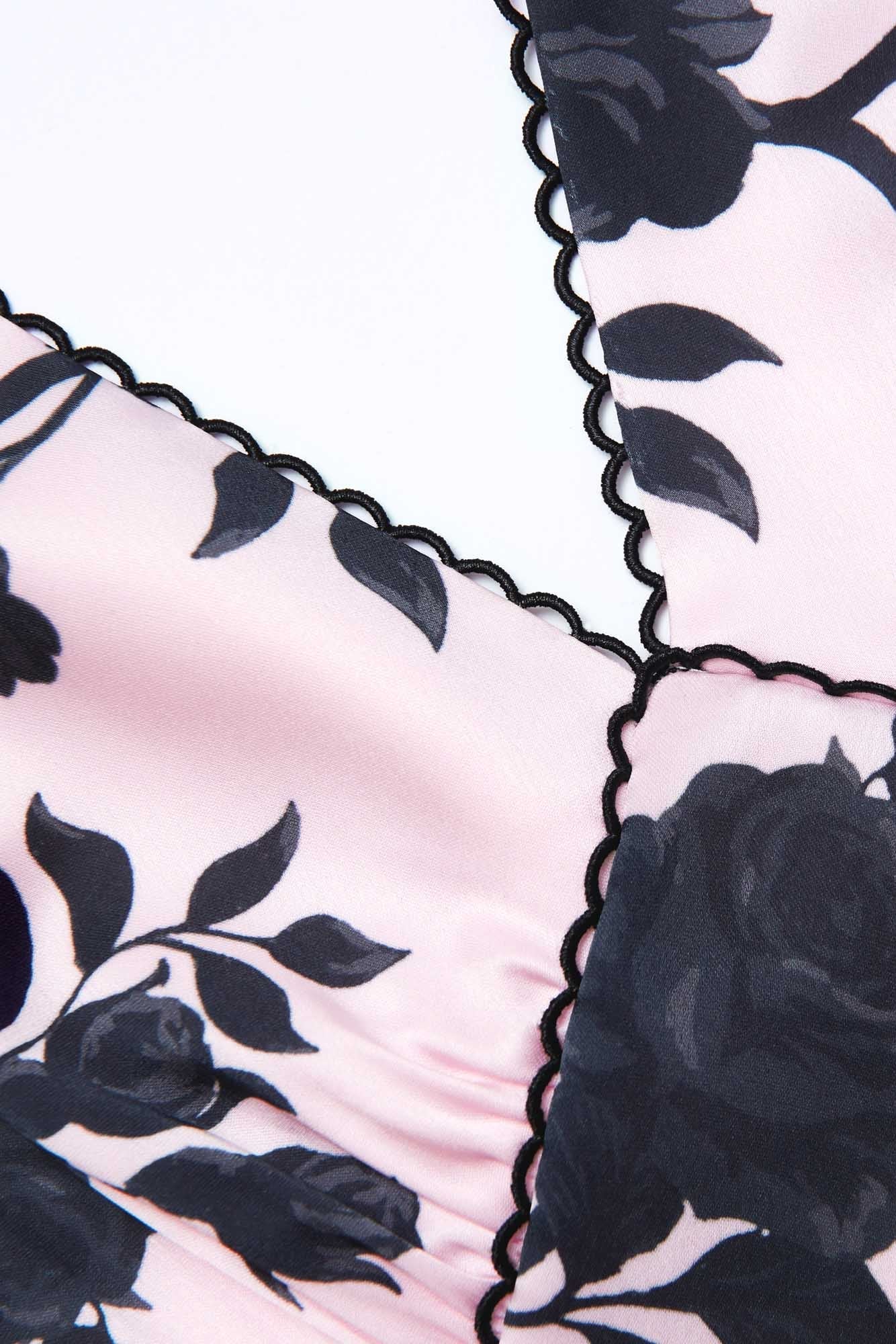 V-Neck Satin Floral Midi Dress in Pink Avalabel