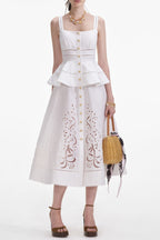 helen Cream Linen Peplum Midi Dress Avalabel
