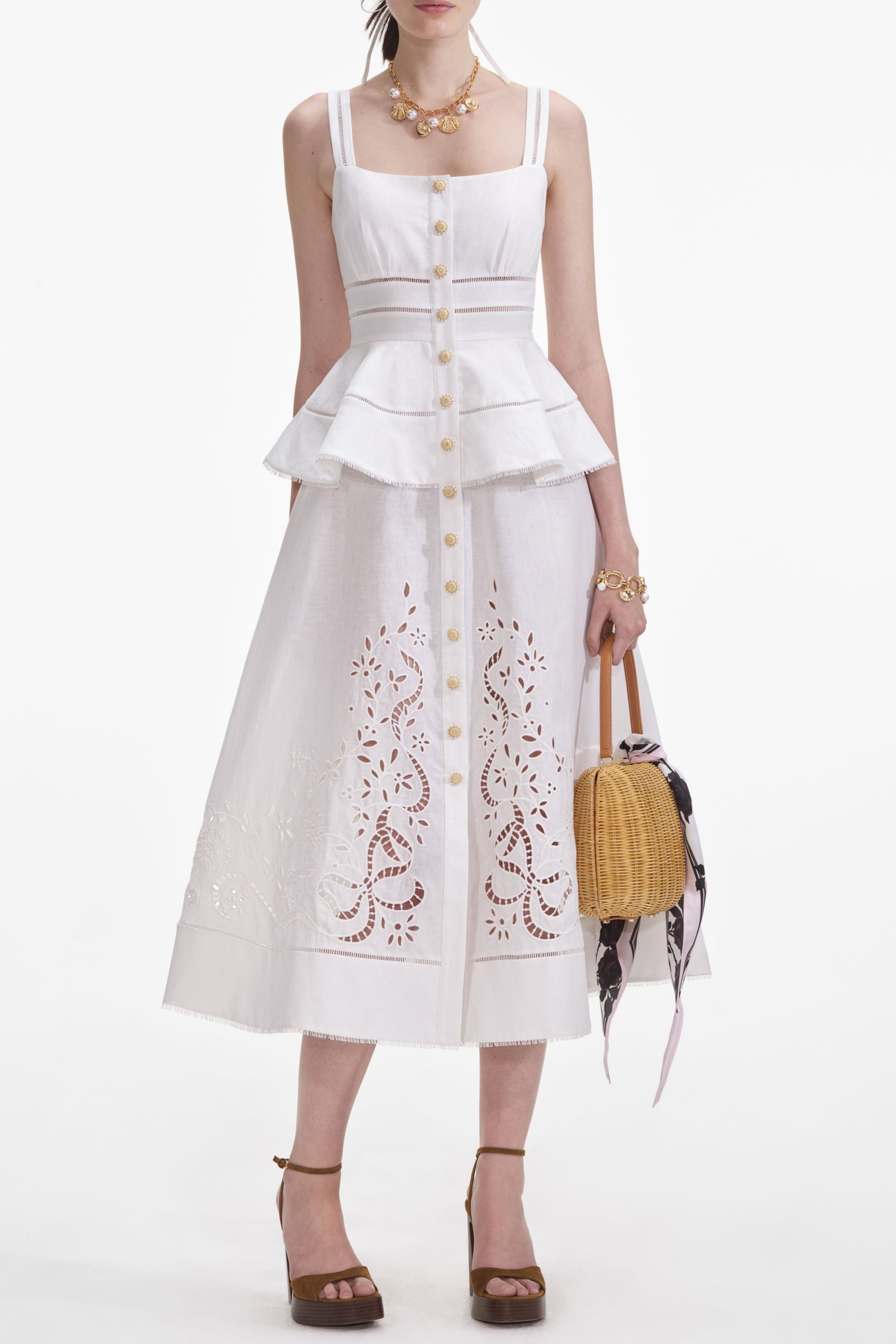 helen Cream Linen Peplum Midi Dress Avalabel