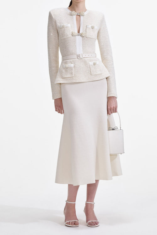 Cream Sequin Knit Tailored Midi Dress Avalabel