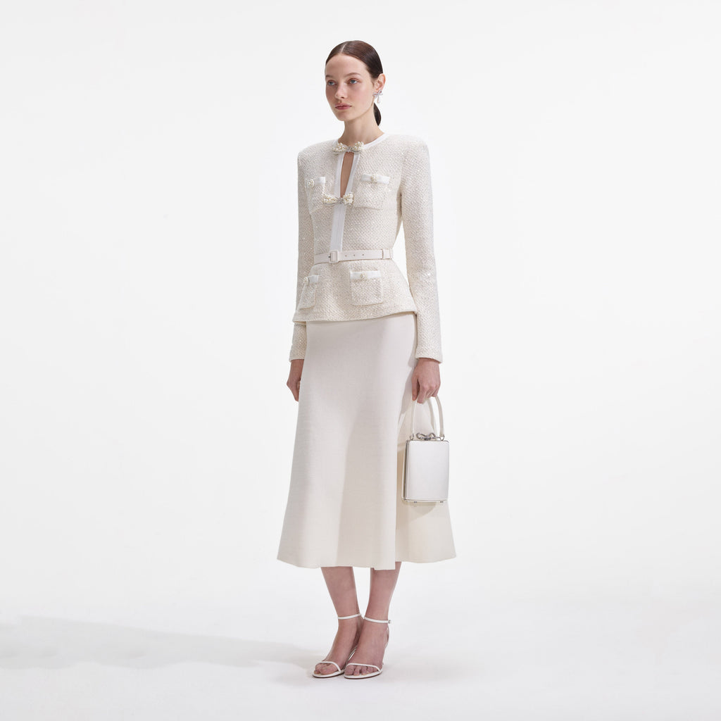 Cream Sequin Knit Tailored Midi Dress Avalabel