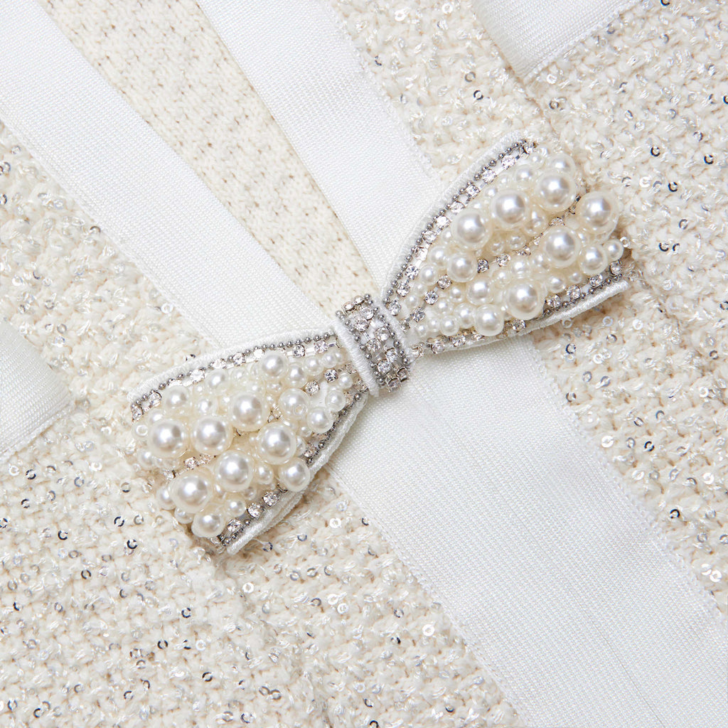 Cream Sequin Knit Tailored Midi Dress Avalabel