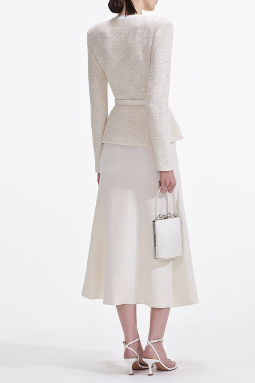Cream Sequin Knit Tailored Midi Dress Avalabel