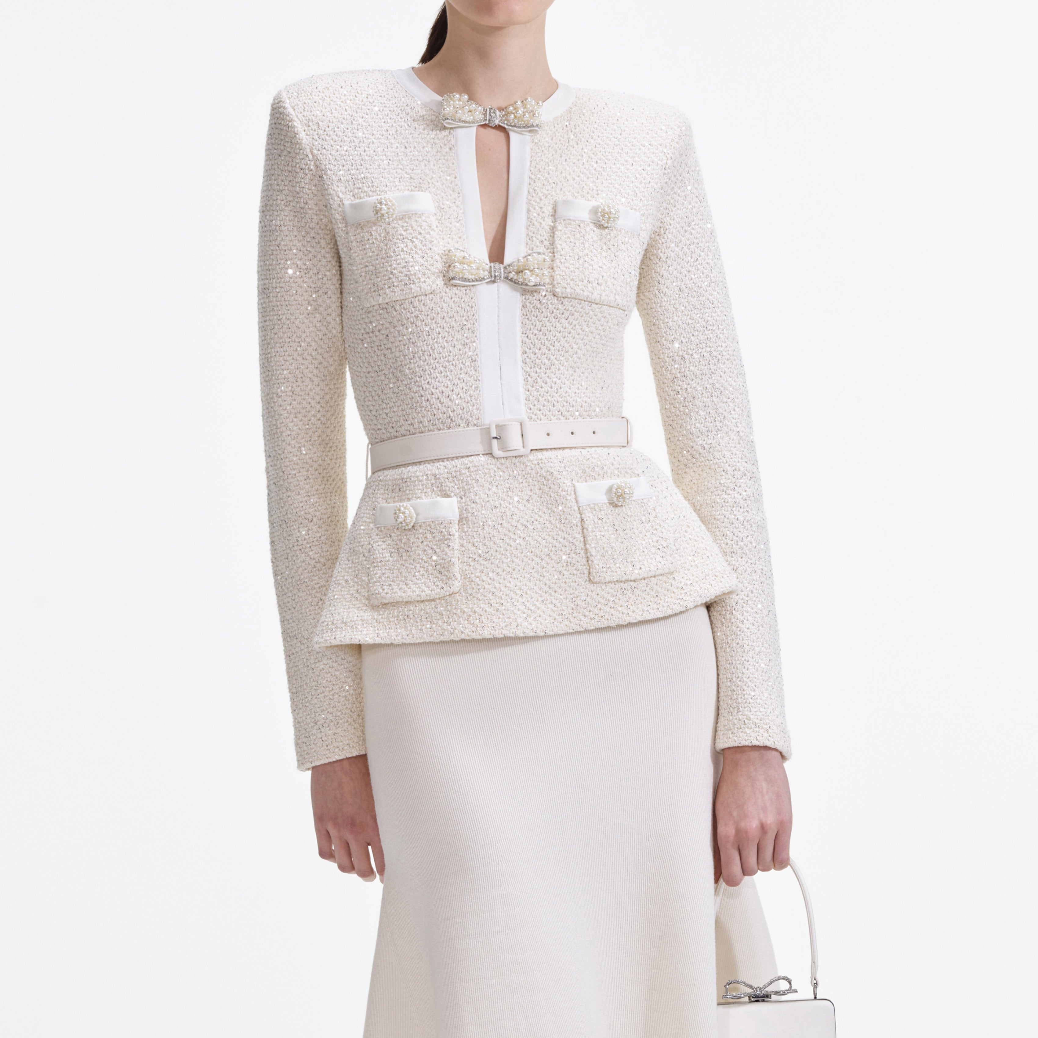 Cream Sequin Knit Tailored Midi Dress Avalabel