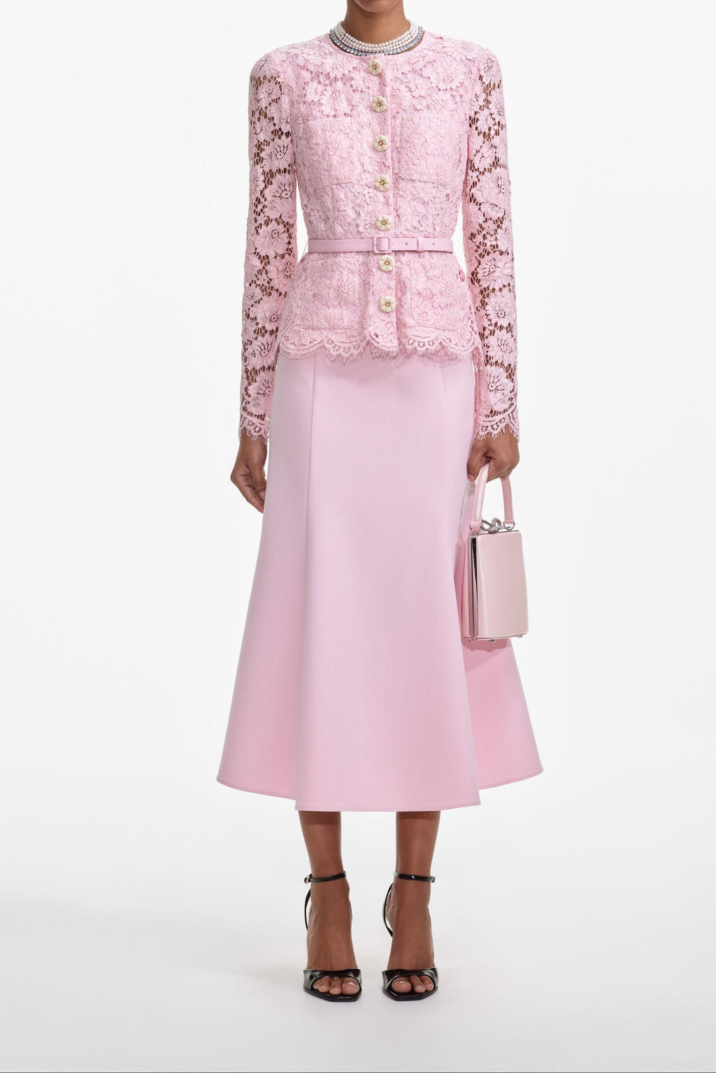 Pink Tailored Lace Midi Dress Avalabel