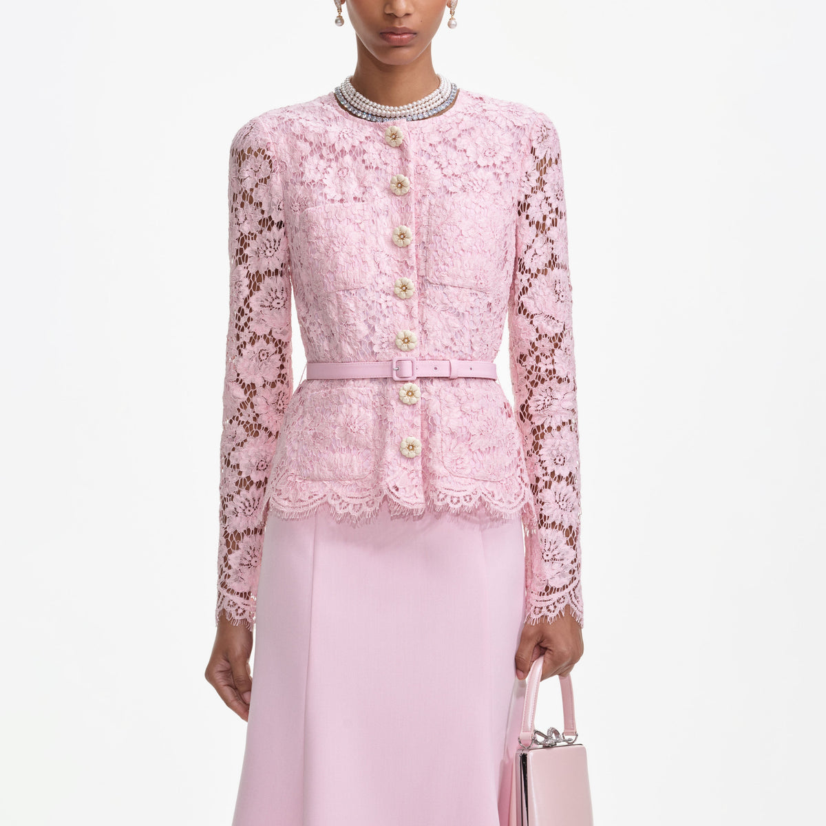 Pink Tailored Lace Midi Dress Avalabel