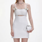 White Crepe Pearl Bow Mini Dress Avalabel