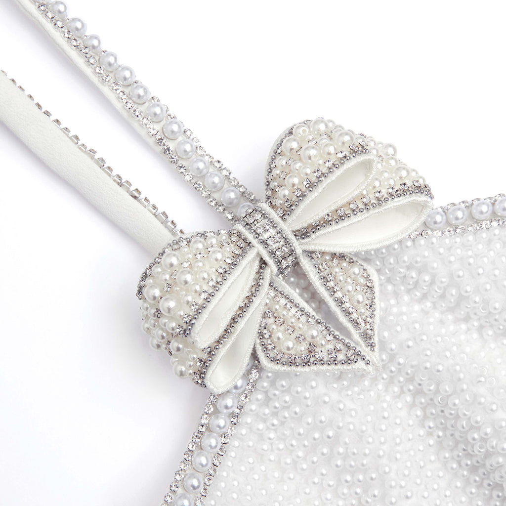 White Crepe Pearl Bow Mini Dress Avalabel