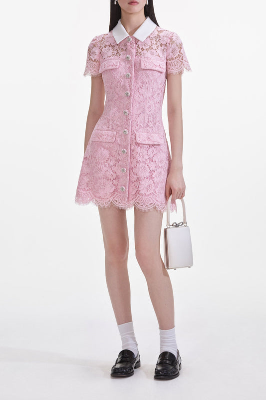 Pink Lace Collared Mini Dress