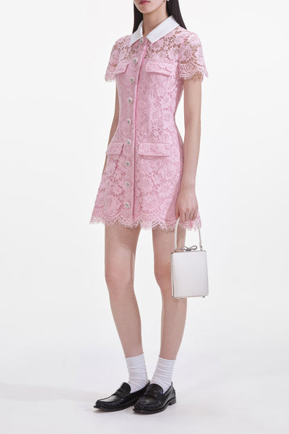 Pink Lace Collared Mini Dress