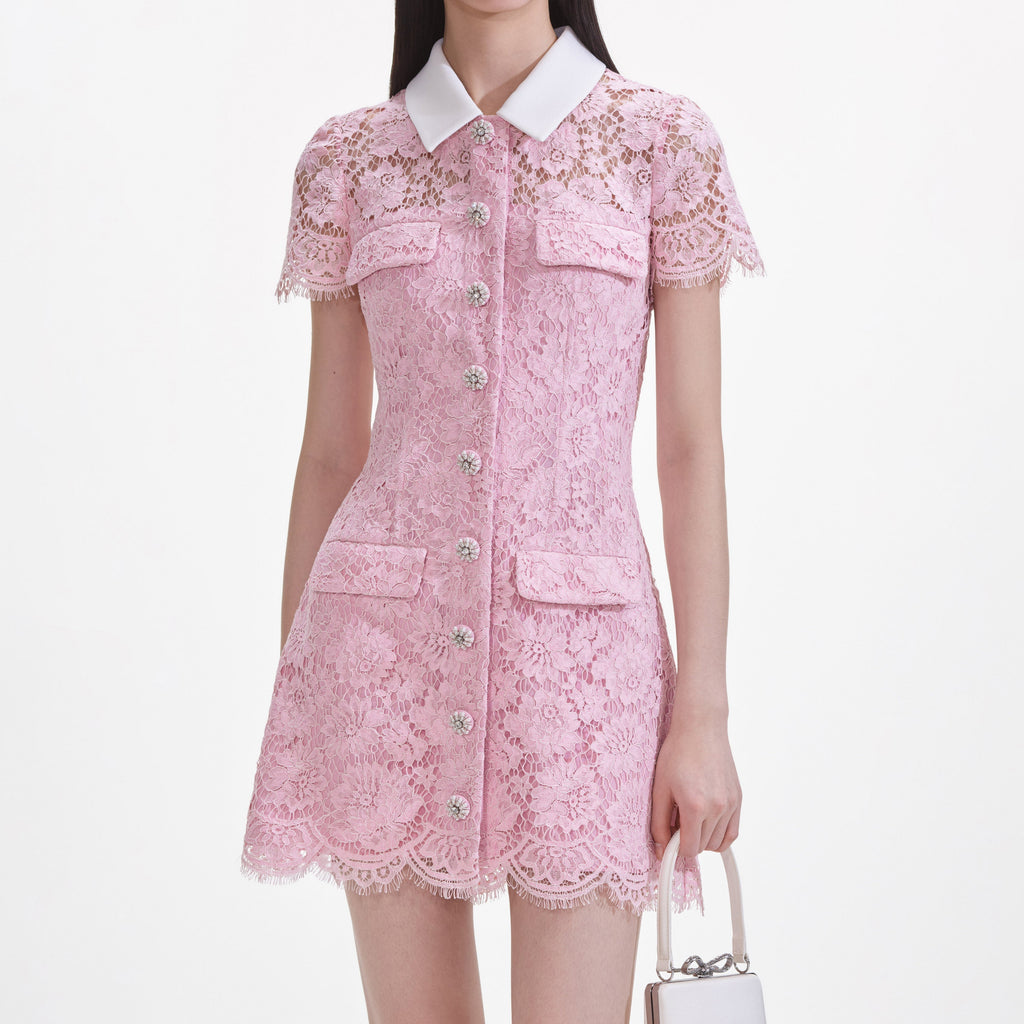 Pink Lace Collared Mini Dress Avalabel