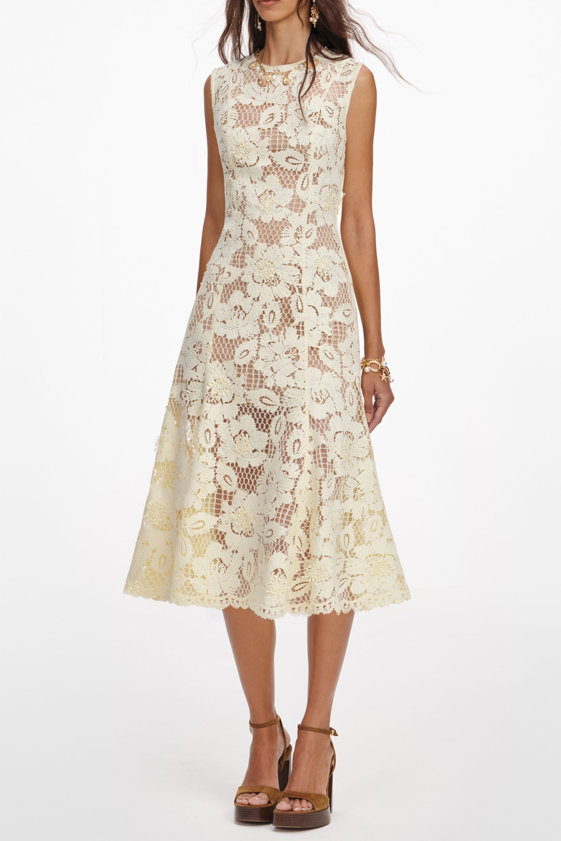 Marjorie Yellow Crochet Lace Hollow Midi Dress Avalabel