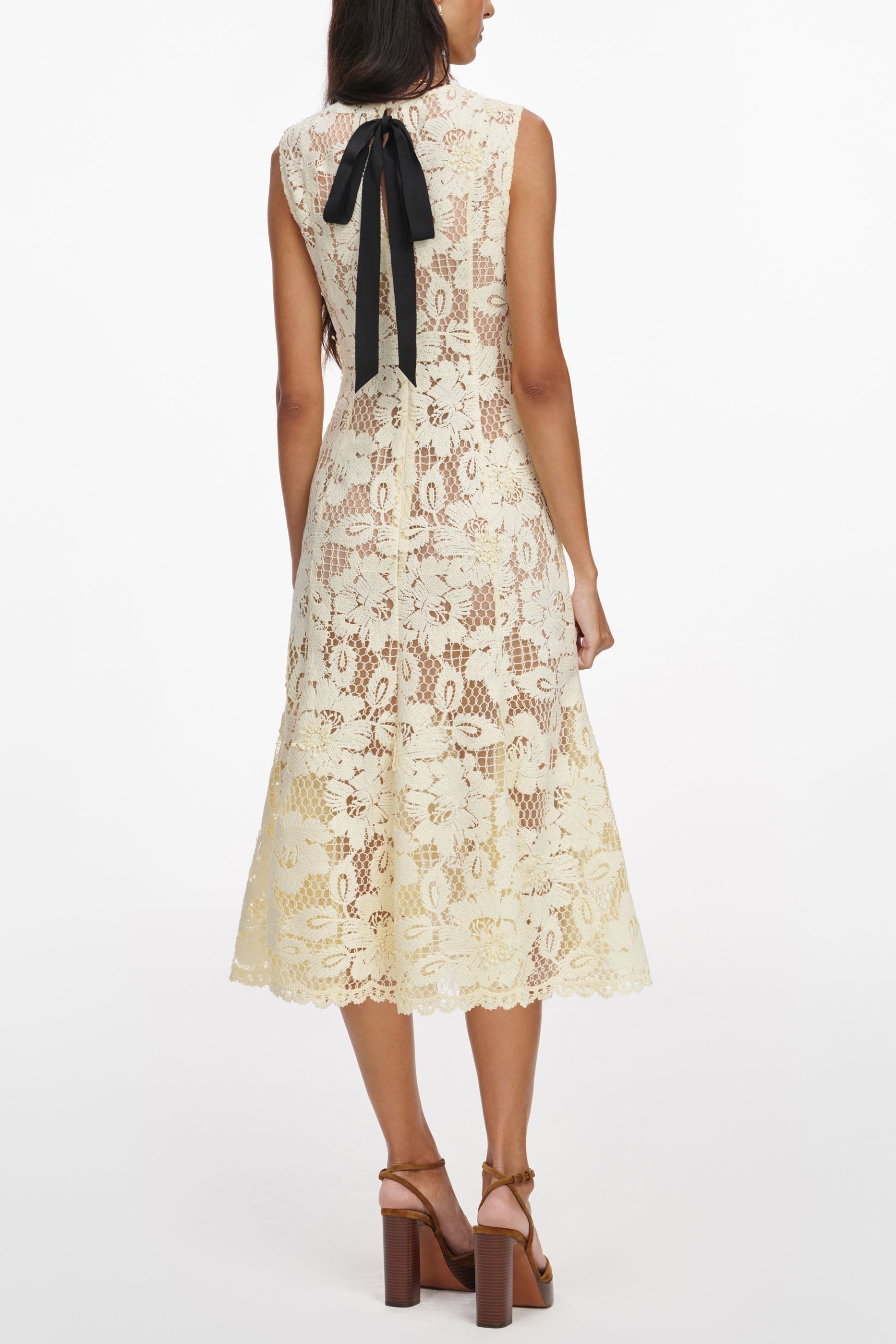 Marjorie Yellow Crochet Lace Hollow Midi Dress Avalabel