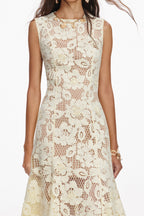 Marjorie Yellow Crochet Lace Hollow Midi Dress Avalabel
