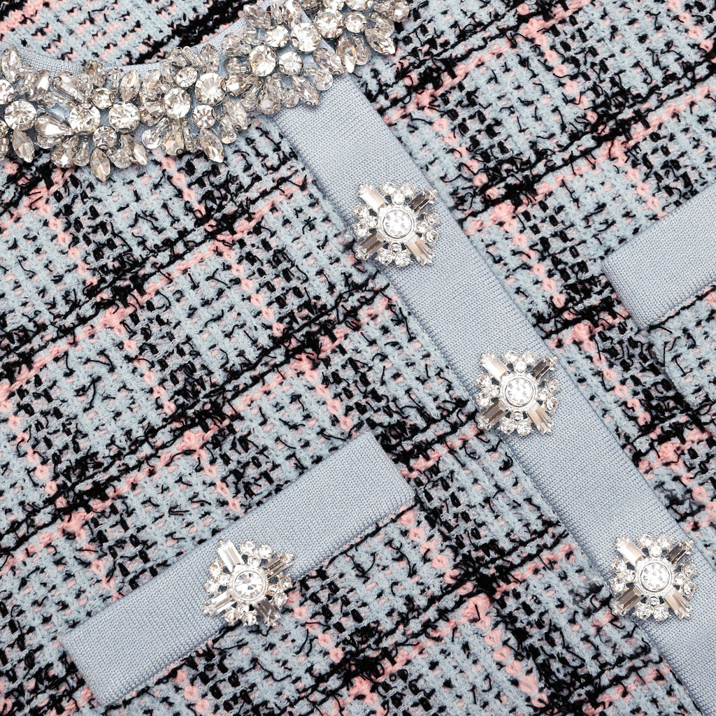 Marjorie Rhinestone Check Knit Cardigan Skirt Set - pale blue Avalabel
