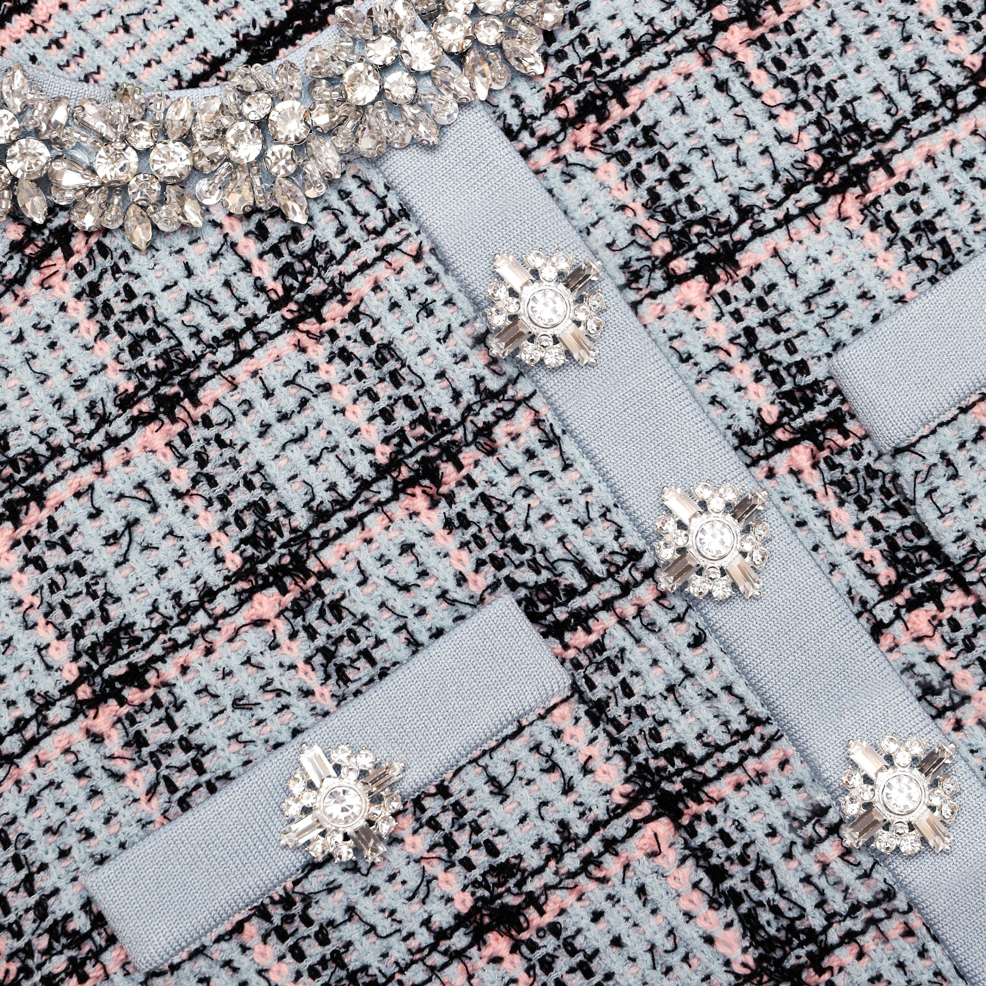 Marjorie Rhinestone Check Knit Cardigan Skirt Set - pale blue Avalabel