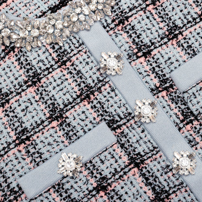 Marjorie Rhinestone Check Knit Cardigan Skirt Set - pale blue