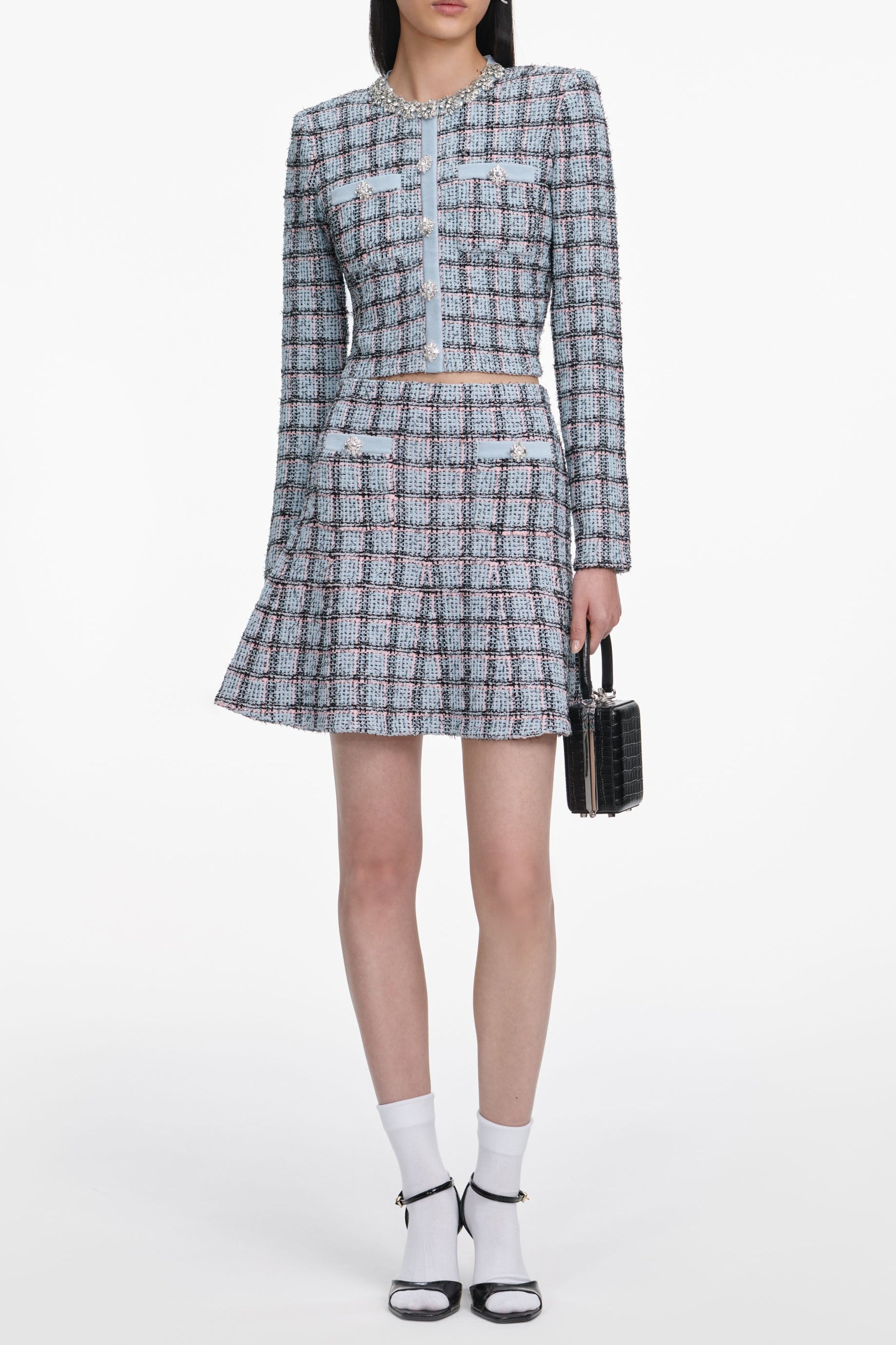 Marjorie Rhinestone Check Knit Cardigan Skirt Set - pale blue Avalabel