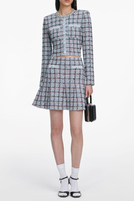 Marjorie Rhinestone Check Knit Cardigan Skirt Set - pale blue