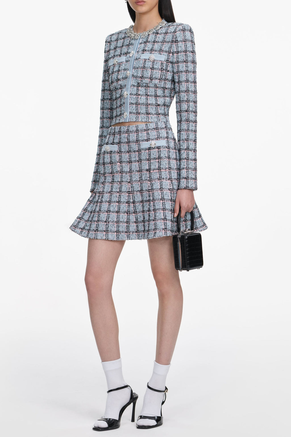 Marjorie Rhinestone Check Knit Cardigan Skirt Set - pale blue Avalabel
