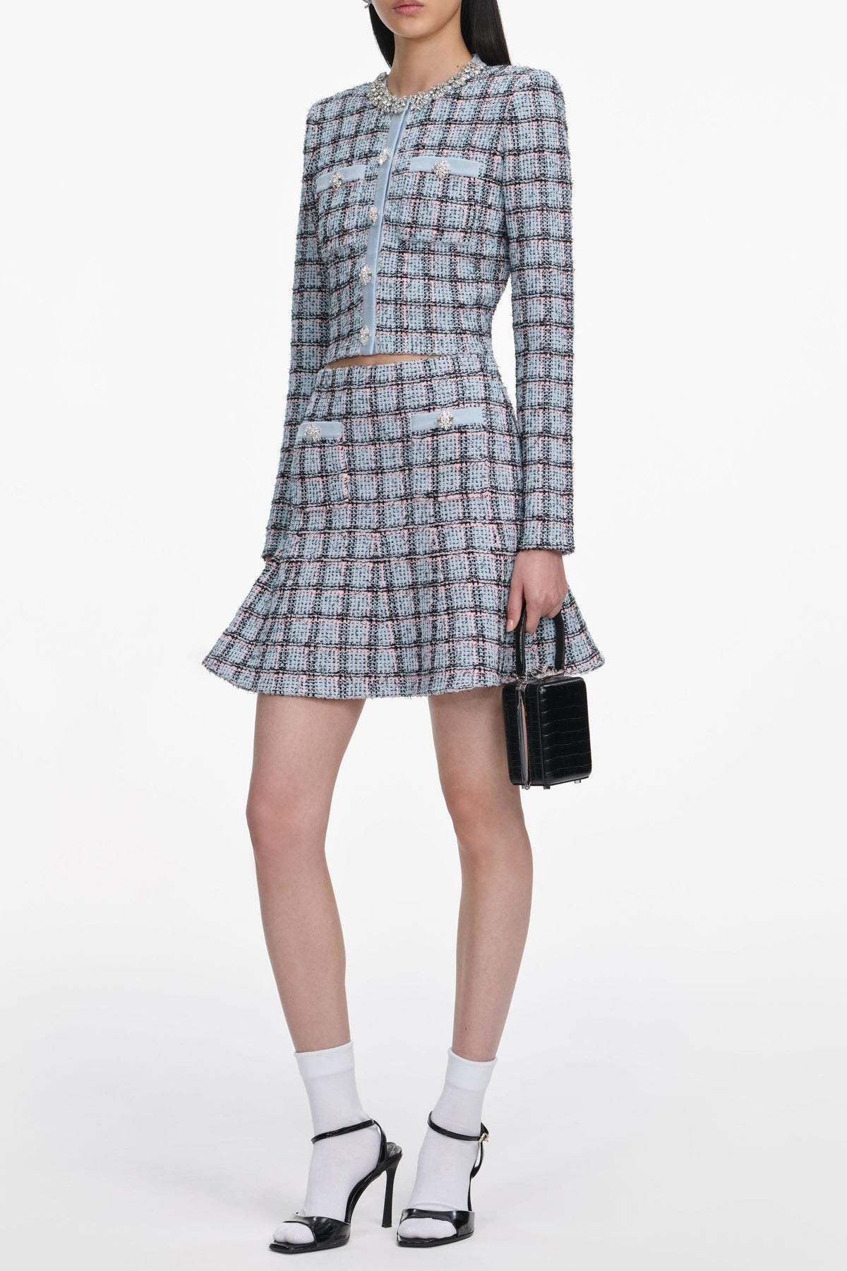 Marjorie Rhinestone Check Knit Cardigan Skirt Set - pale blue Avalabel