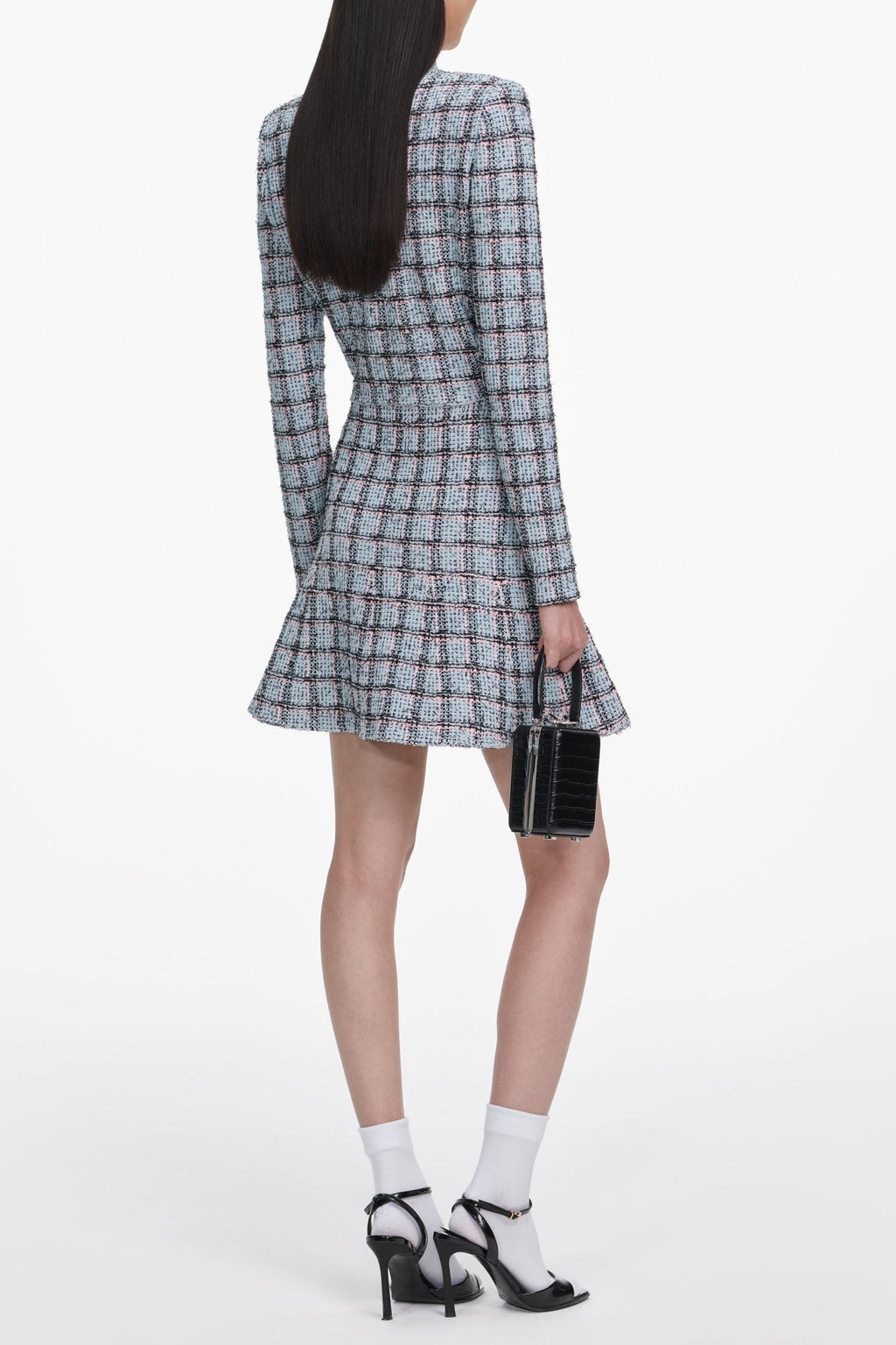 Marjorie Rhinestone Check Knit Cardigan Skirt Set - pale blue Avalabel