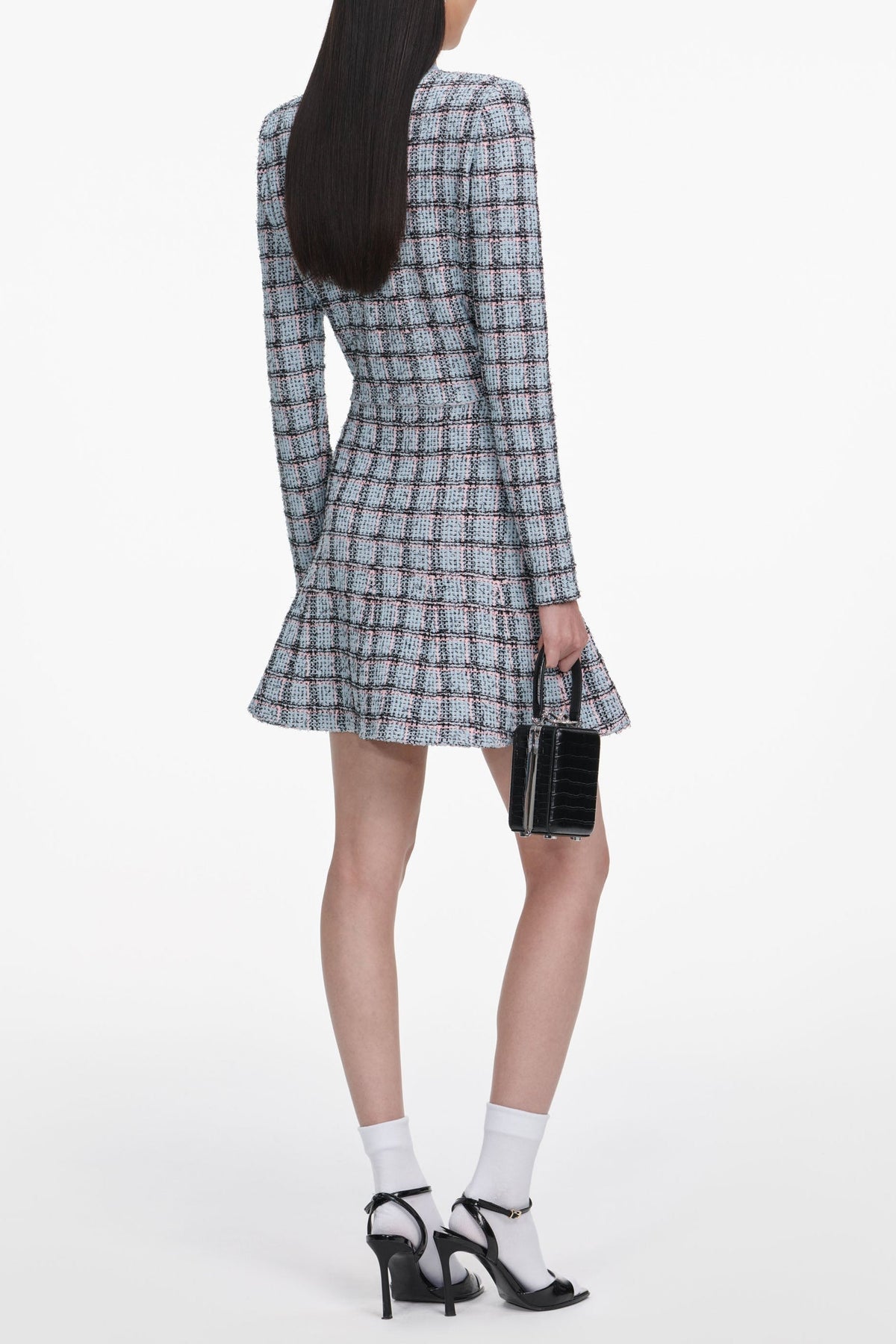 Marjorie Rhinestone Check Knit Cardigan Skirt Set - pale blue Avalabel